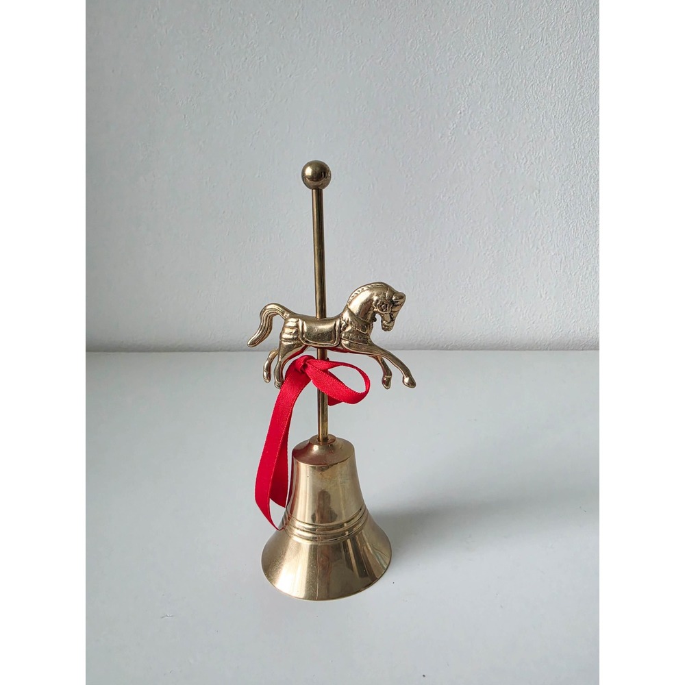 Vintage Brass Carousel Horse Hand Bell Gold Tone Decorative Ringer 7 Inch